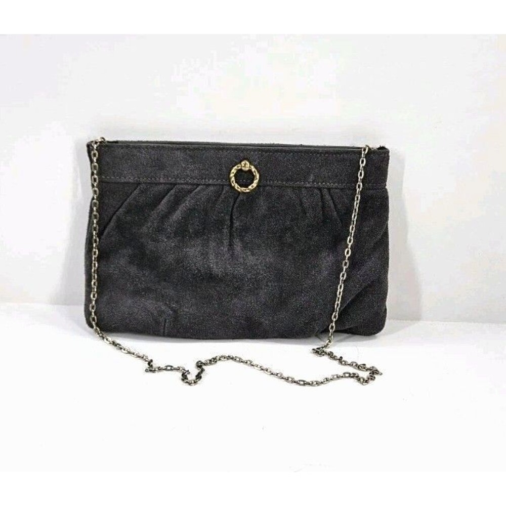 Vintage 90s Grey Suede Hinged Frame Clutch Oyster Clam Purse Handbag Chain Strap